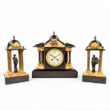 A three-piece mantle garniture clock and side pieces made of yellow and black marble. (L:23 x W:31 x