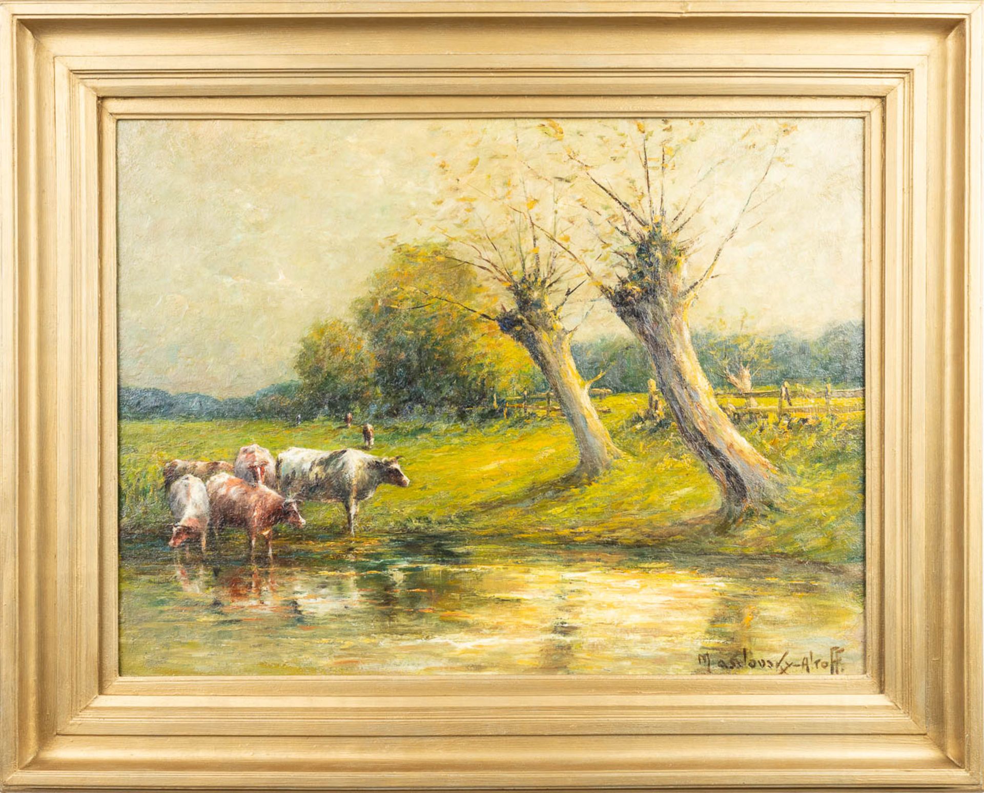 Landscape with cattle' a painting, oil on canvas. Illegibly signed. (W:57 x H:78 cm) - Bild 3 aus 7