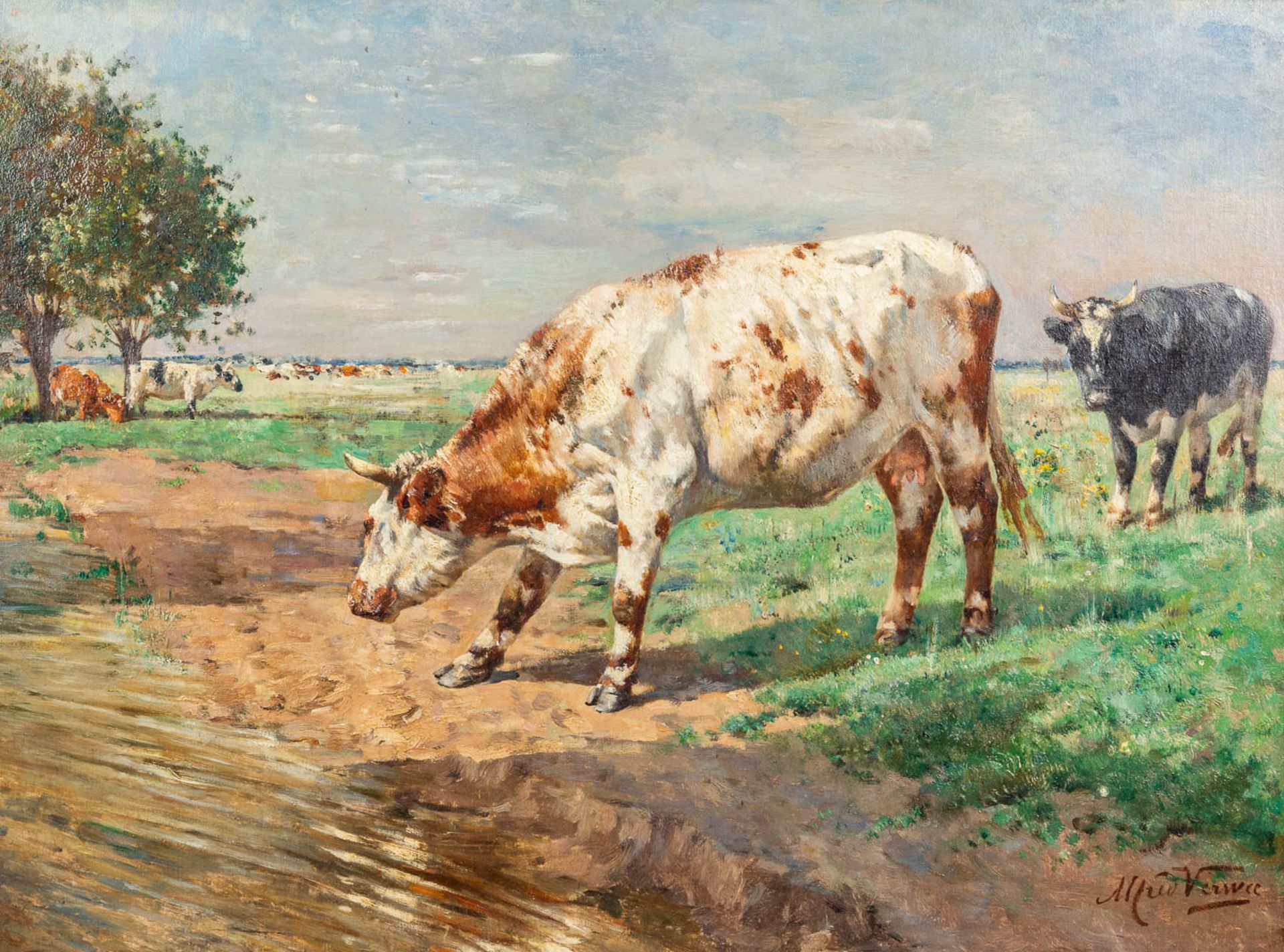 Alfred VERWEE (1838-1895) 'Koeien bij de drinkpoel' oil on canvas. (W:82 x H:60 cm)