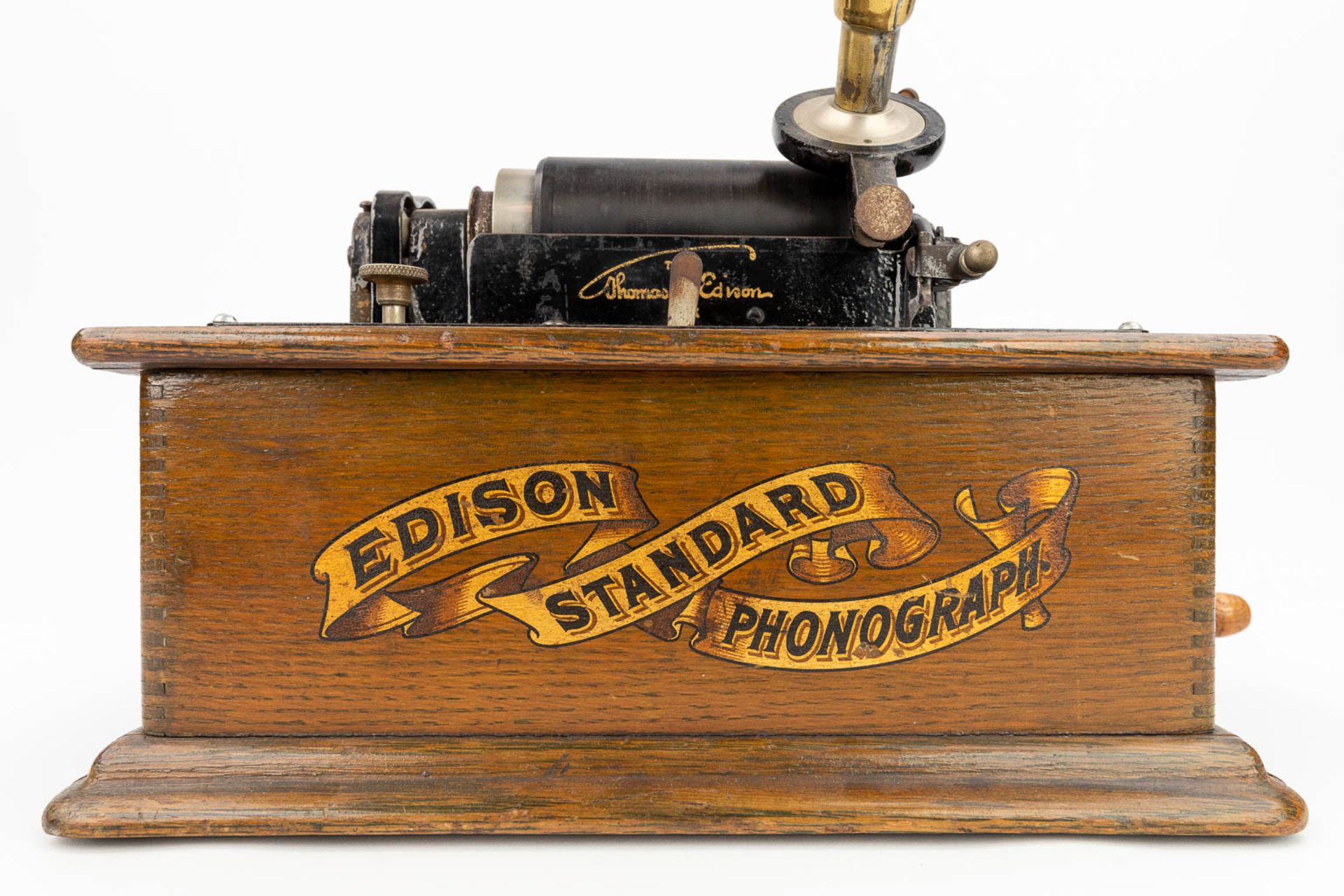 Edison Standard Phonograph, A vintage phonograph with a large copper horn, in a wood box. (W:40 x H: - Bild 17 aus 17