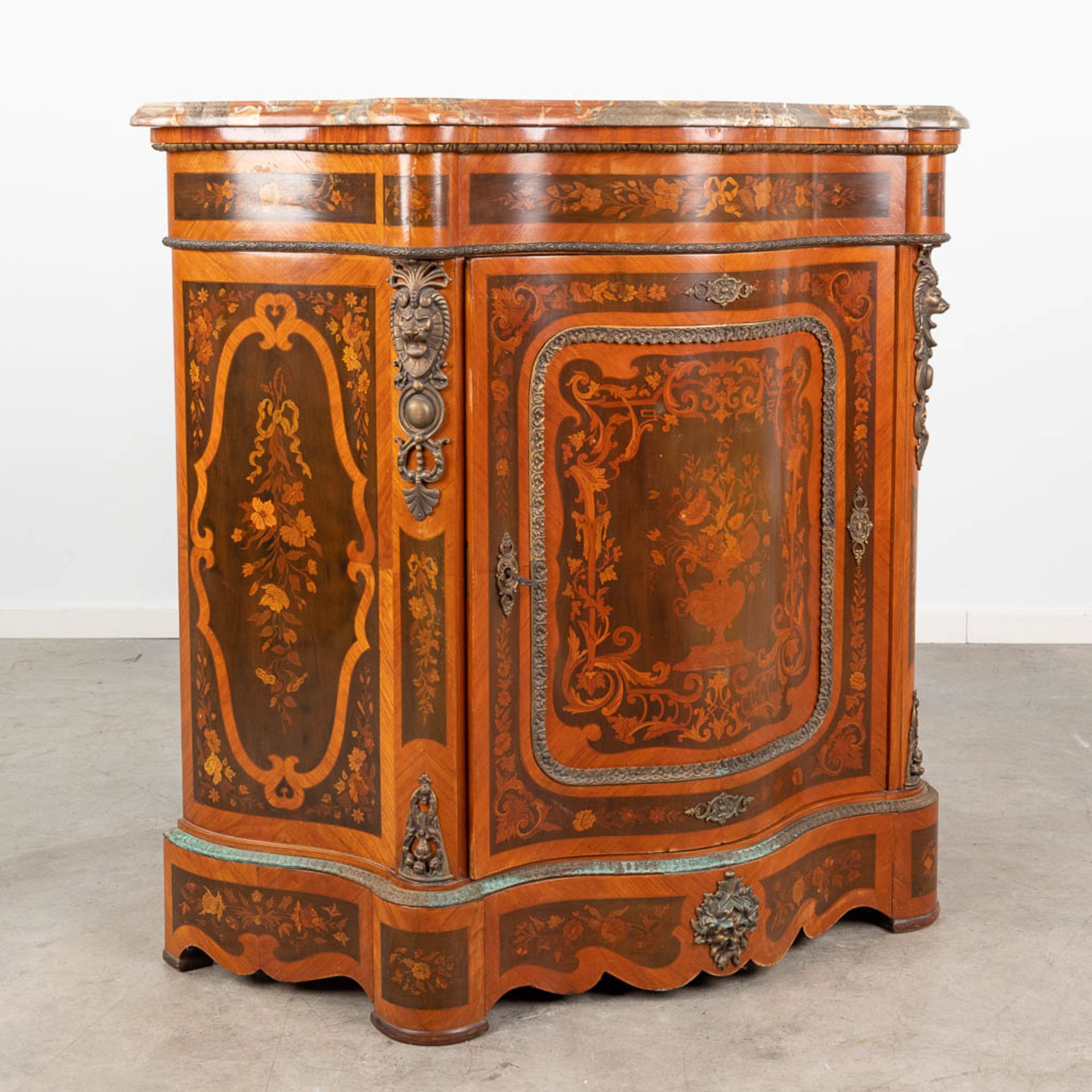 A one door commode, decorated with marquetry inlay and mounted with bronze. 20th century. (L:47 x W - Image 4 of 18