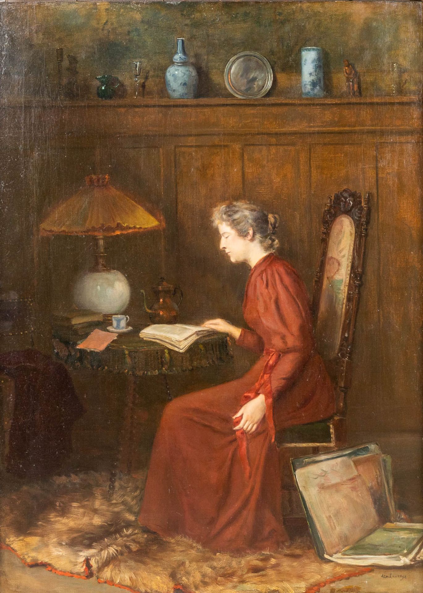 Armand LAUREYS (1867-?) 'La Lisseuze' a painting, oil on canvas. (W:80 x H:110 cm)