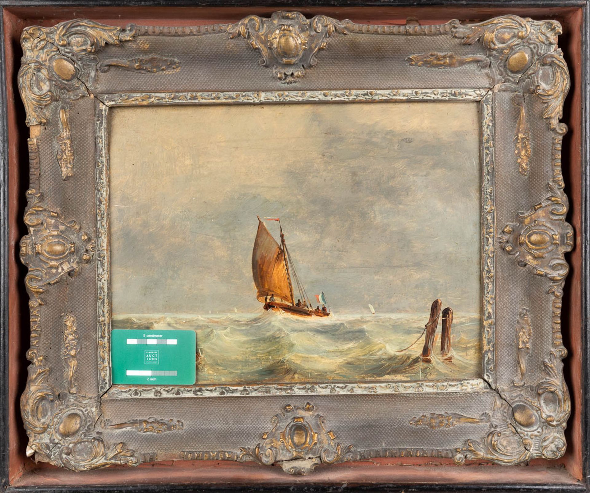 An antique painting 'Marine', oil on panel. 19th century. (W:39 x H:29 cm) - Image 2 of 7