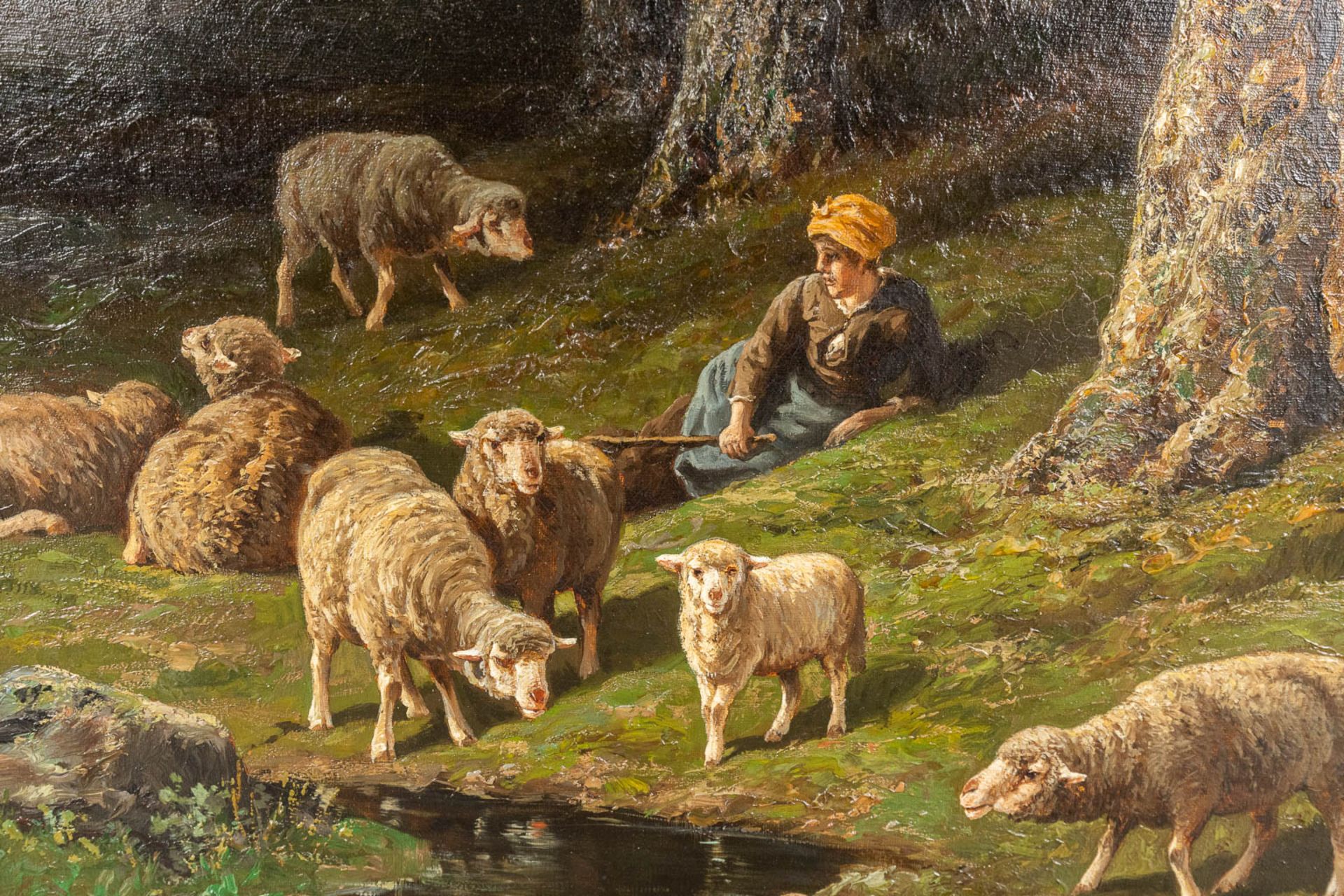 Charles Ferdinand CERAMANO (1829/31-1909) 'Sheep in the Barbizon Forest', oil on canvas. (W:60 x H: - Image 4 of 7