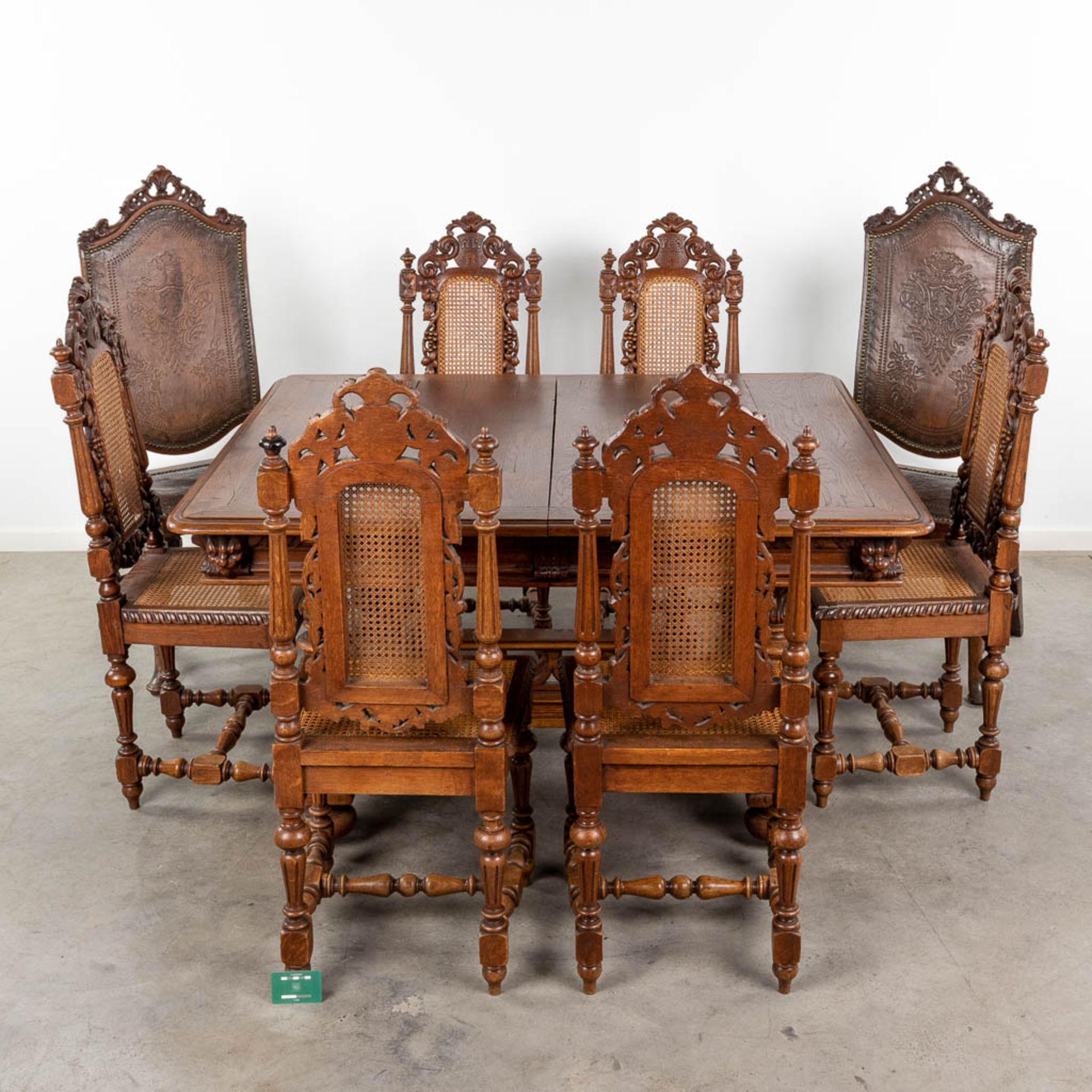 An antique table with 6 chairs in renaissance style. (L:120 x W:142 x H:72 cm) - Image 16 of 24