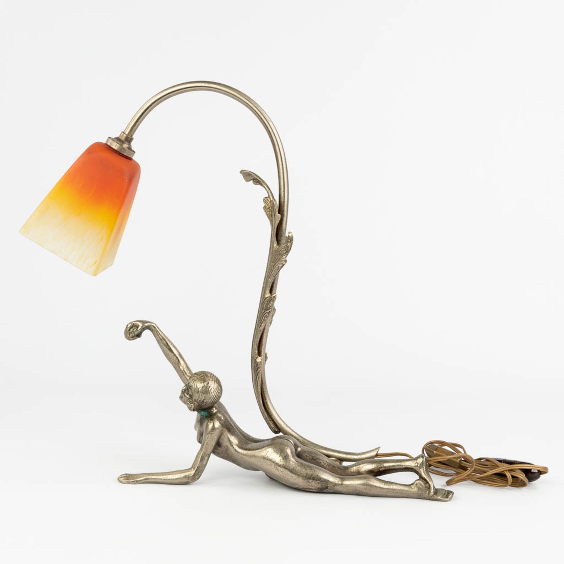 A silver-plated bronze table lamp with reclining lady, and a pate de verre lampshade by Schneider. ( - Image 4 of 13