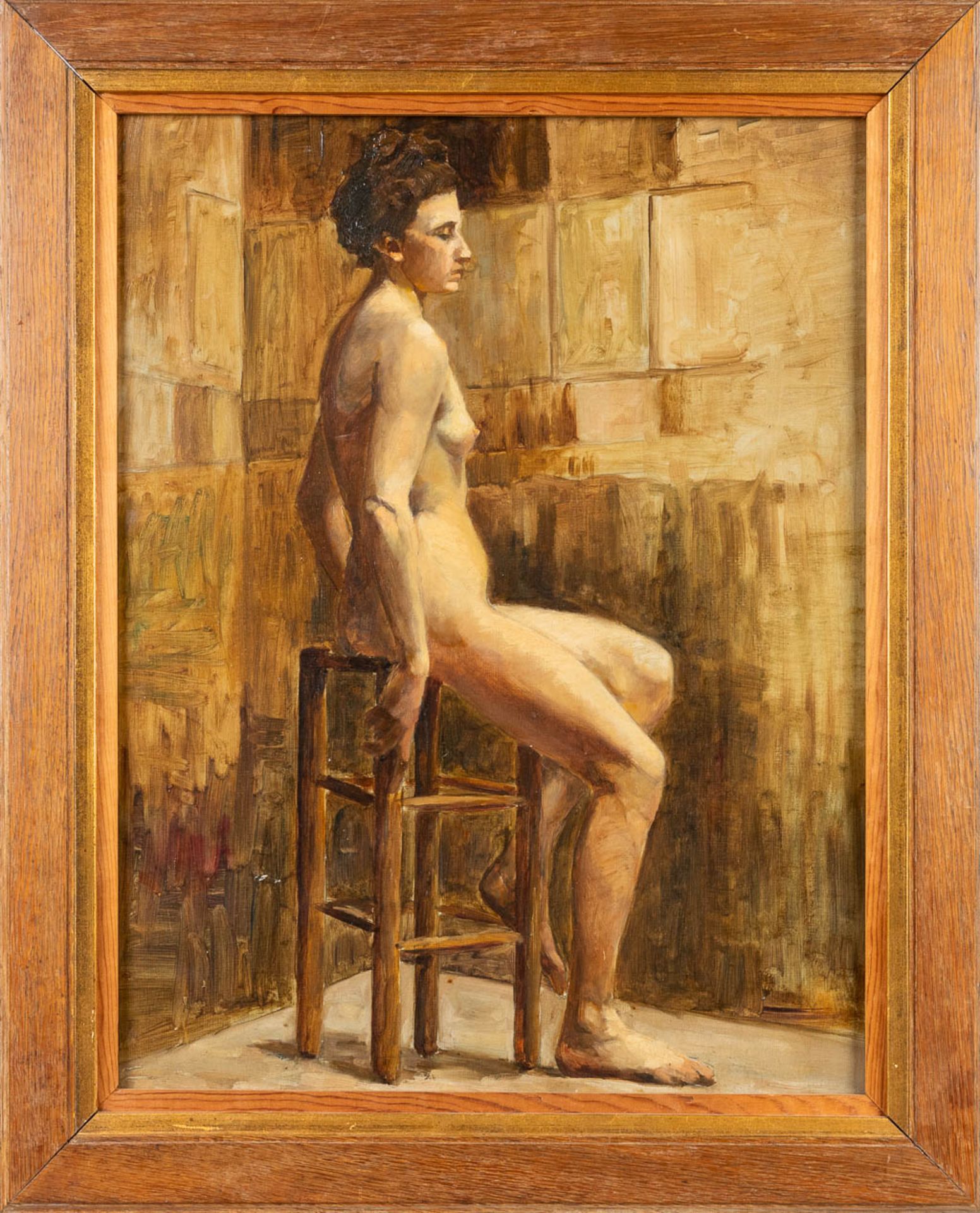 A painting 'Posing Nude Figurine', probably made in France. Oil on canvas (W:47 x H:61 cm) - Image 3 of 6