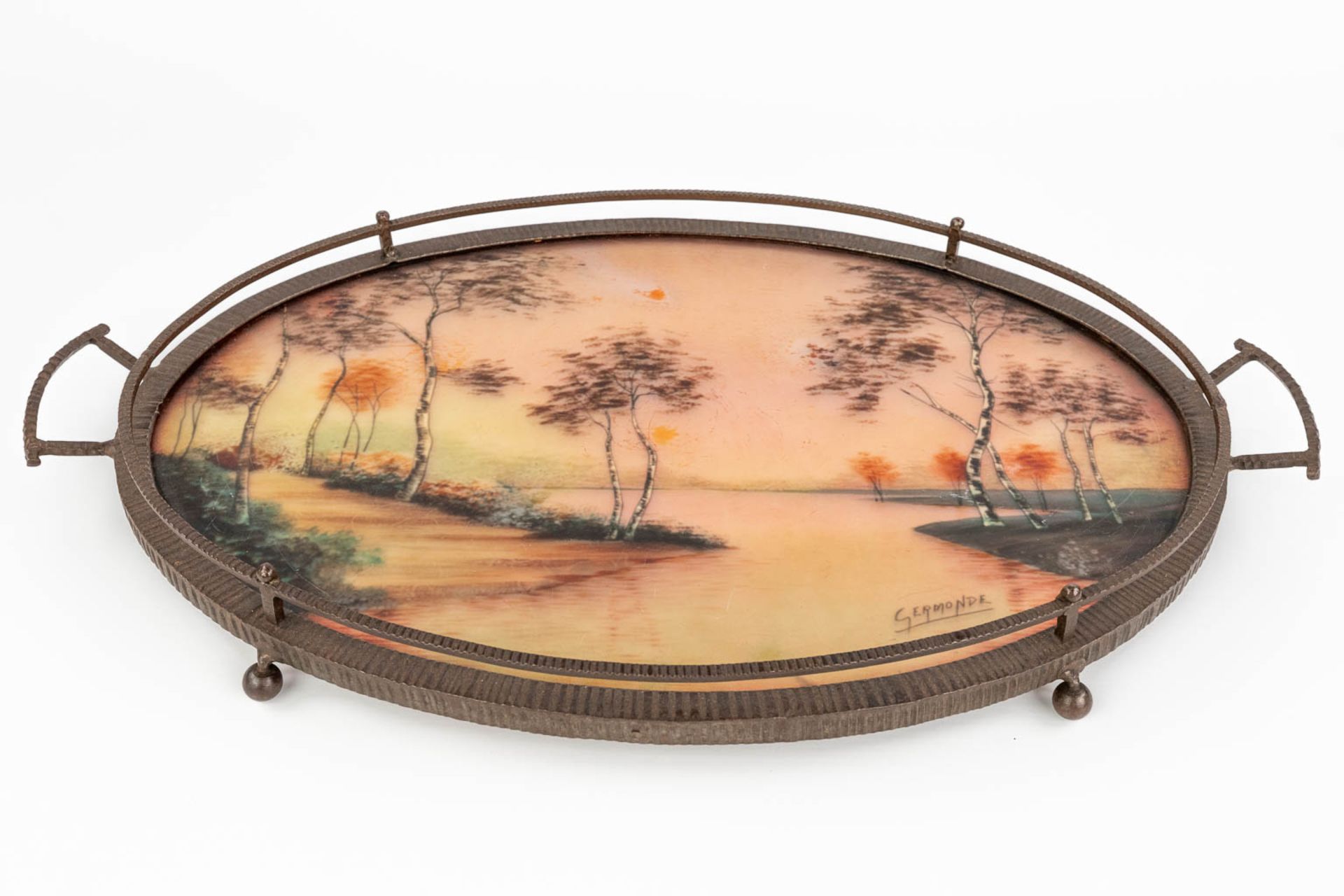 Germonde, a wrought iron and reverse glass painting serving tray in art deco style. Circa 1920. (L: - Bild 8 aus 17