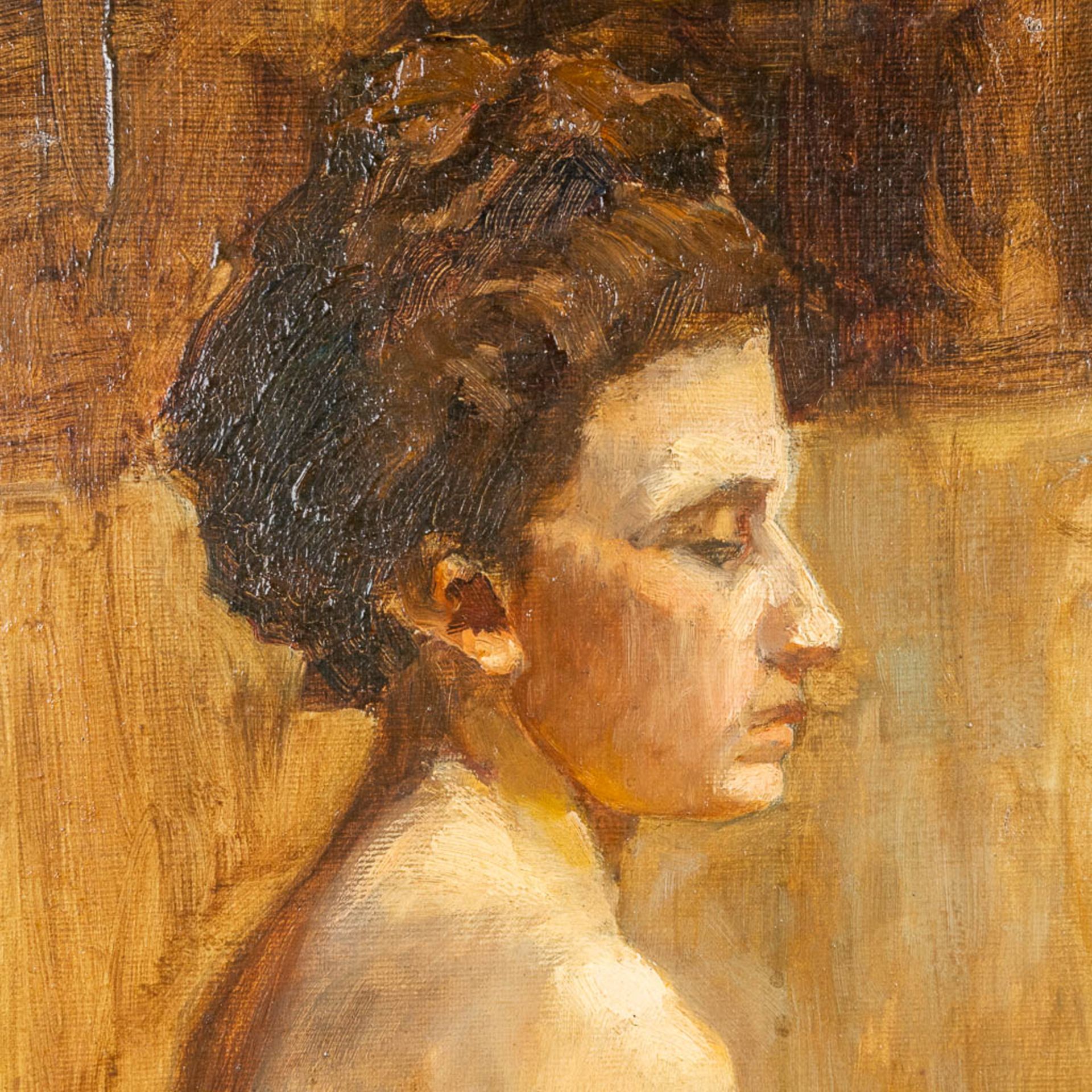A painting 'Posing Nude Figurine', probably made in France. Oil on canvas (W:47 x H:61 cm) - Image 4 of 6