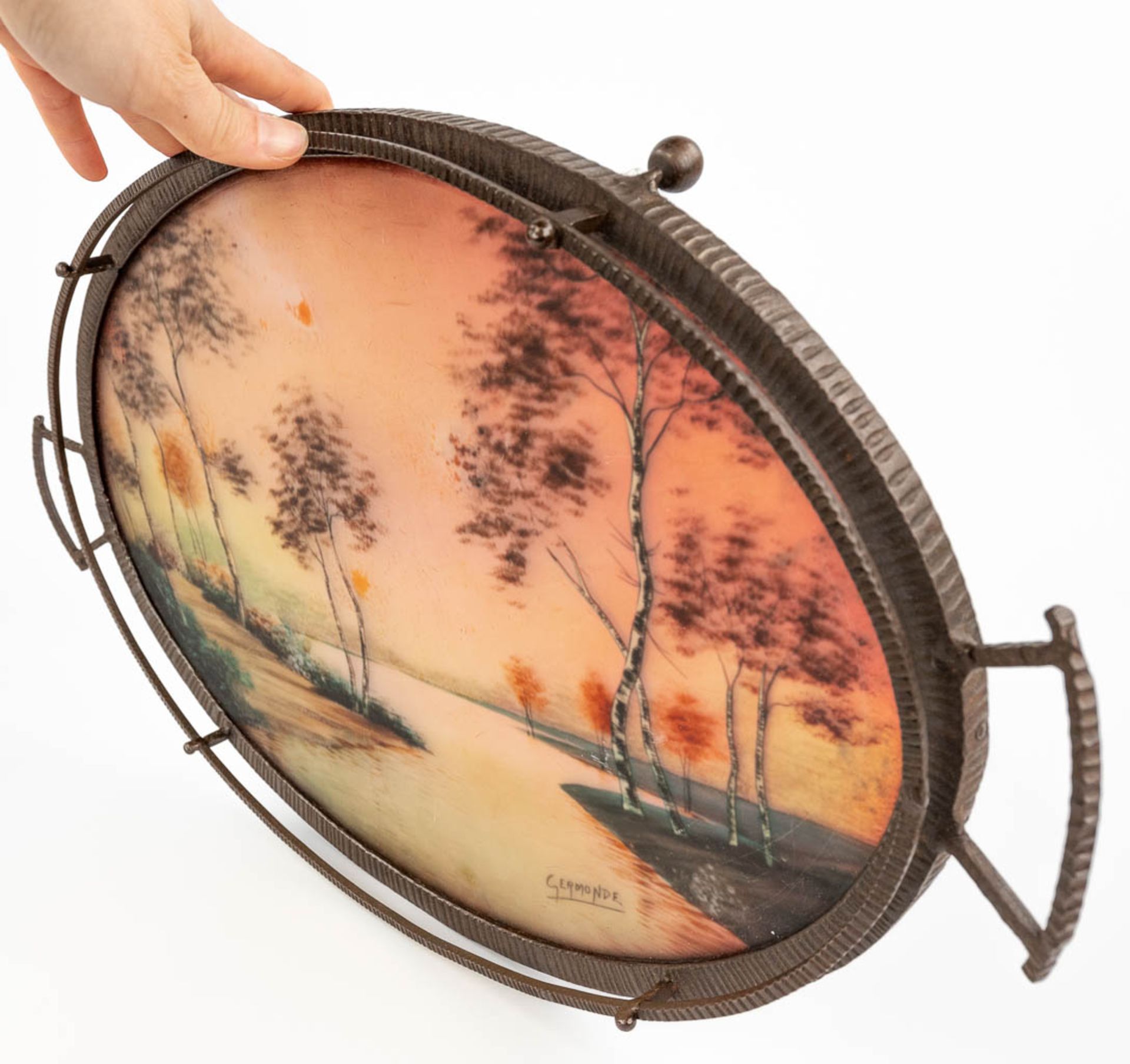 Germonde, a wrought iron and reverse glass painting serving tray in art deco style. Circa 1920. (L: - Image 7 of 17