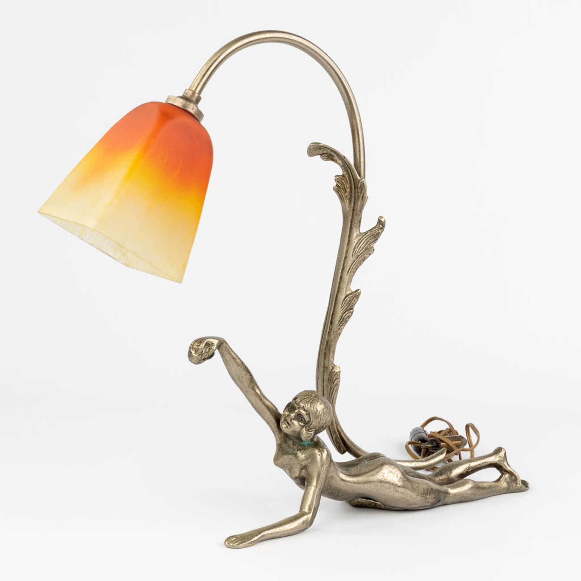 A silver-plated bronze table lamp with reclining lady, and a pate de verre lampshade by Schneider. ( - Image 7 of 13