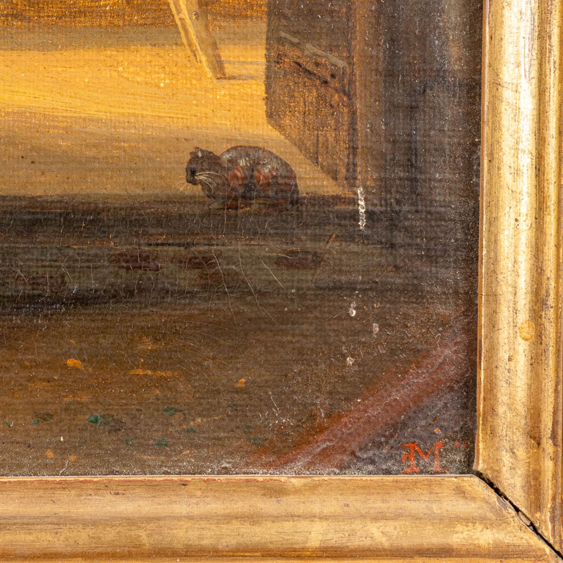 Monogram E.M. 'Interior of a stable', a painting, oil on panel. 19th C. (W:36 x H:21 cm) - Bild 6 aus 7