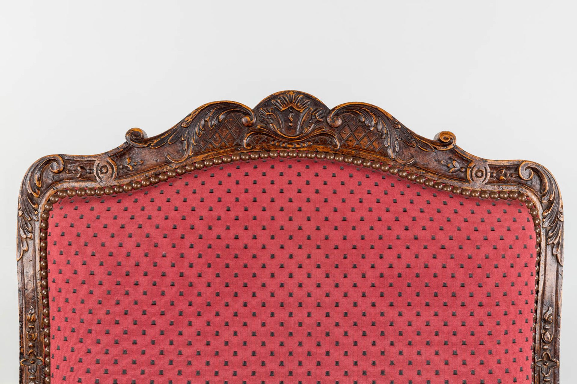 An armchair finished with red fabric and wood sculptures in Louis XV style. (L:73 x W:72 x H:108 cm - Image 6 of 13