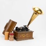 Edison Standard Phonograph, A vintage phonograph with a large copper horn, in a wood box. (W:40 x H: