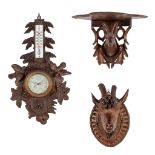 A collection of 3 antique wood sculptured items, black forest, Germany. (W:25 x H:44 cm)