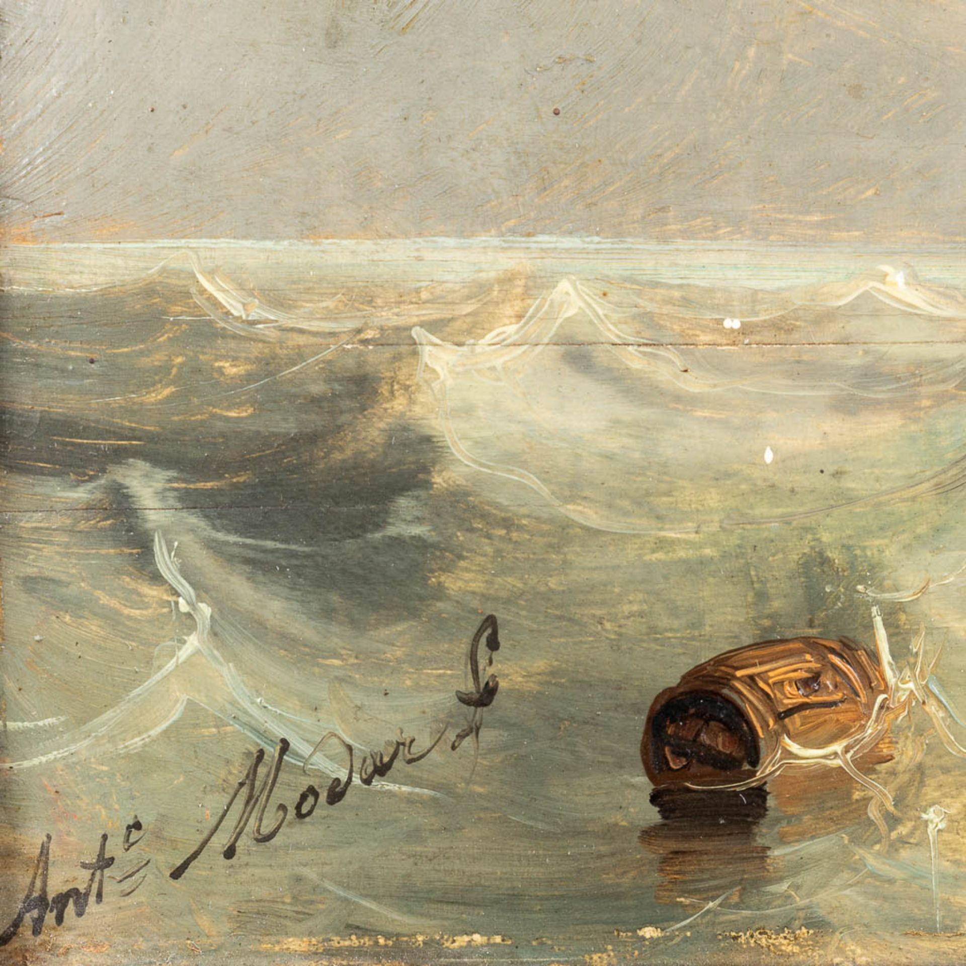 An antique painting 'Marine', oil on panel. 19th century. (W:39 x H:29 cm) - Image 6 of 7
