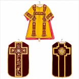 An antique Dalmatic and two Roman Chasubles, embroidered with thick gold thread. (H:108 cm)