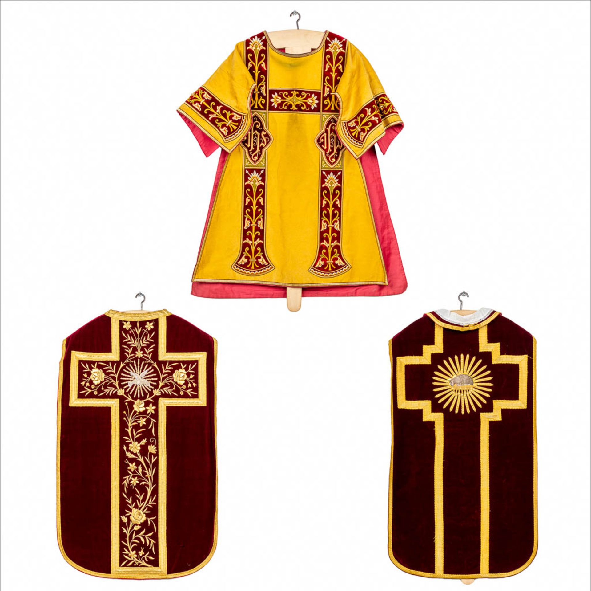 An antique Dalmatic and two Roman Chasubles, embroidered with thick gold thread. (H:108 cm)