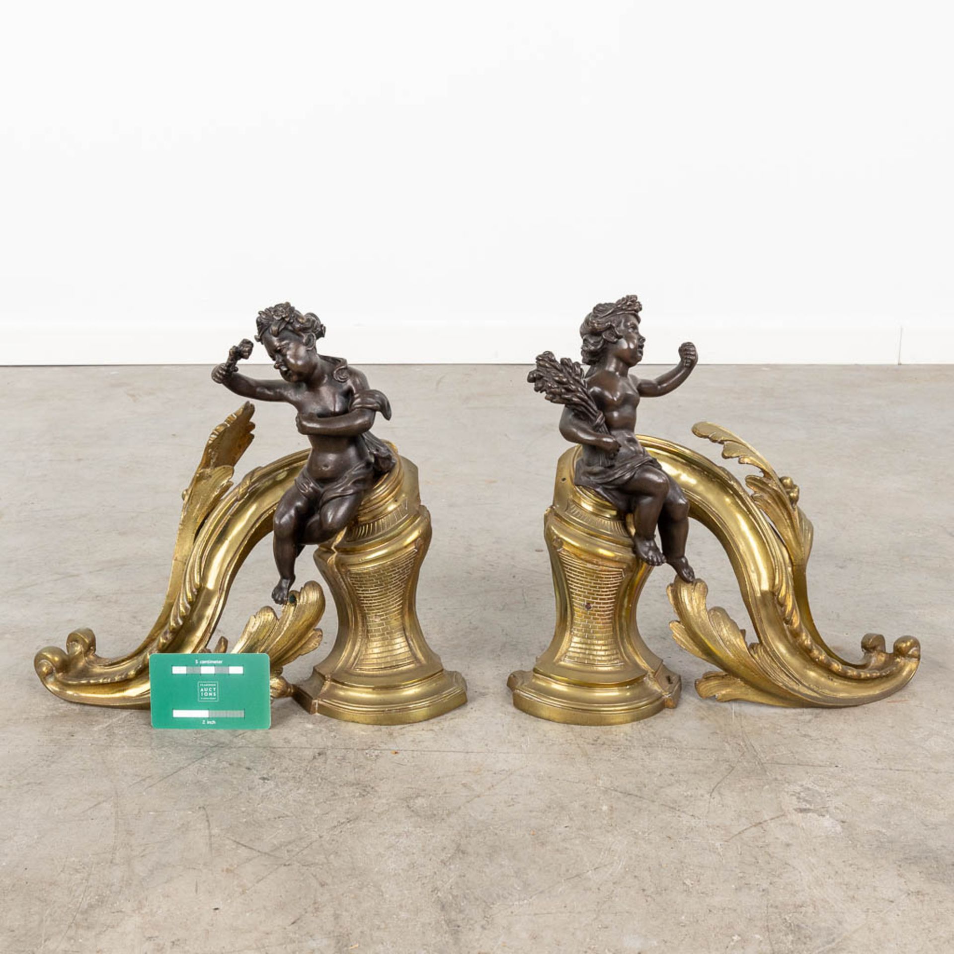 A pair of fireplace bucks decorated with putti in Louis XV style. 19th C. (W:33 x H:30 cm) - Image 2 of 9