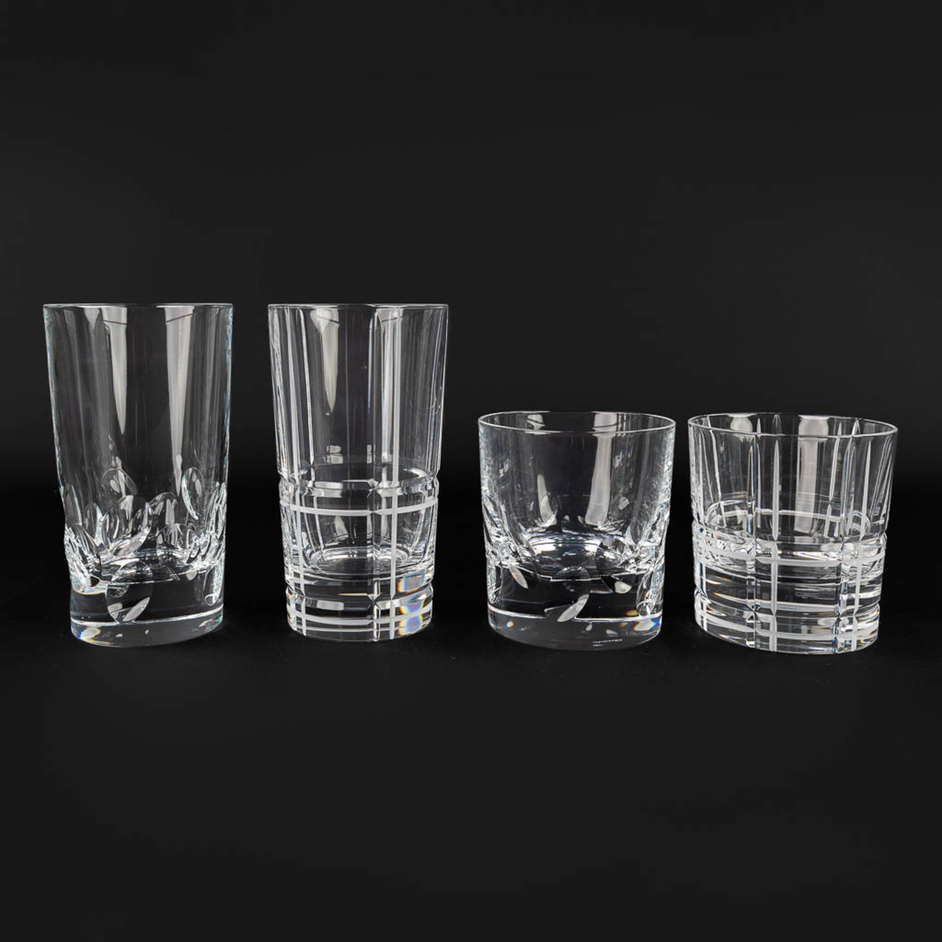 Christofle, 4 boxes with crystal glasses. Models: Scottish & Cluny. (H:13,5 x D:7,5 cm)