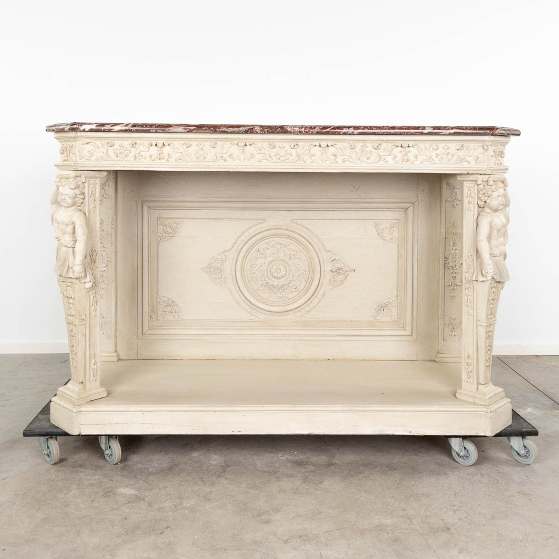 An antique console table with a marble top, patinated. 18th century. (L:66 x W:177 x H:114 cm)