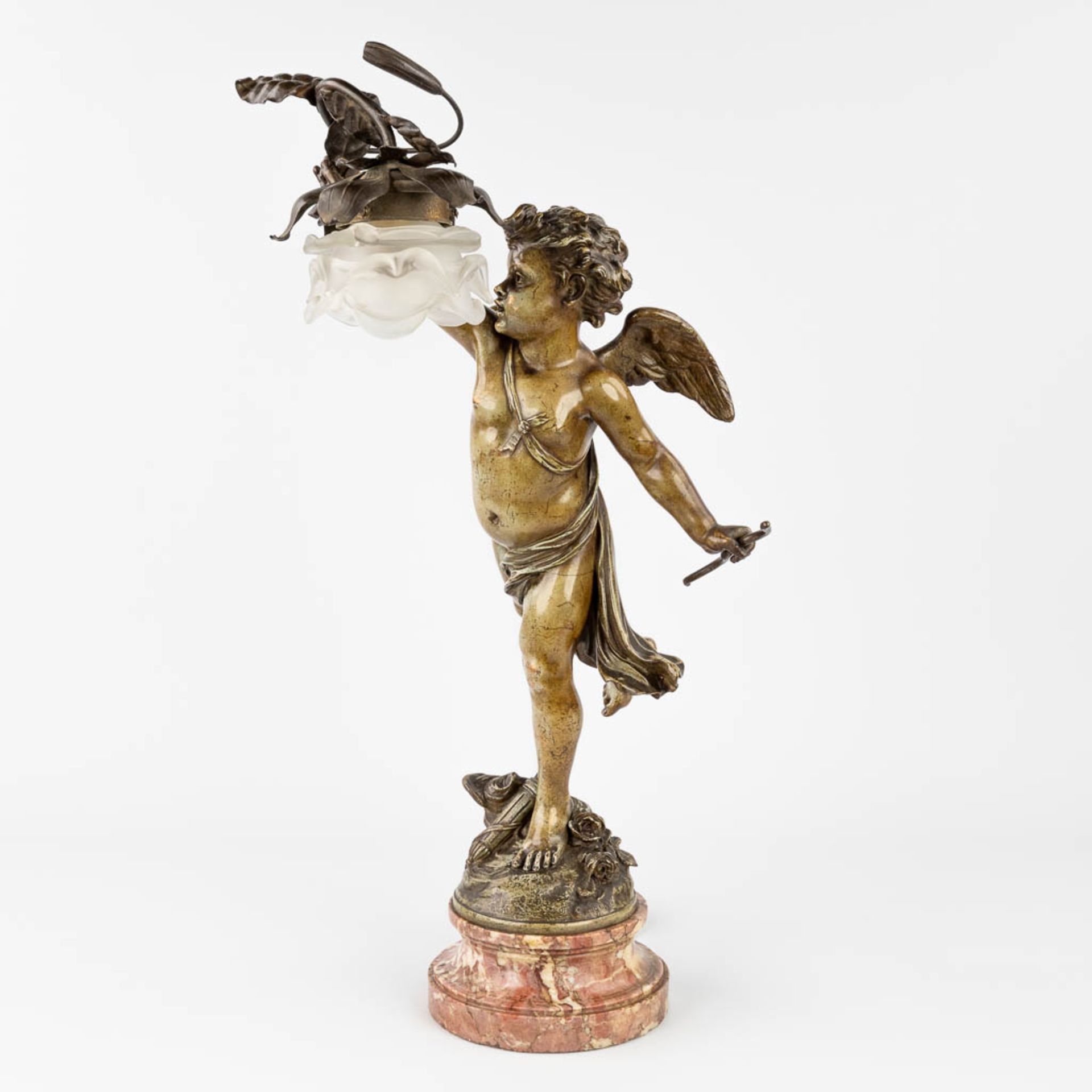 Jean-Louis GR_GOIRE (1840-1890) 'Putto with a light', a figurative table lamp, patinated bronze. (H - Image 4 of 14