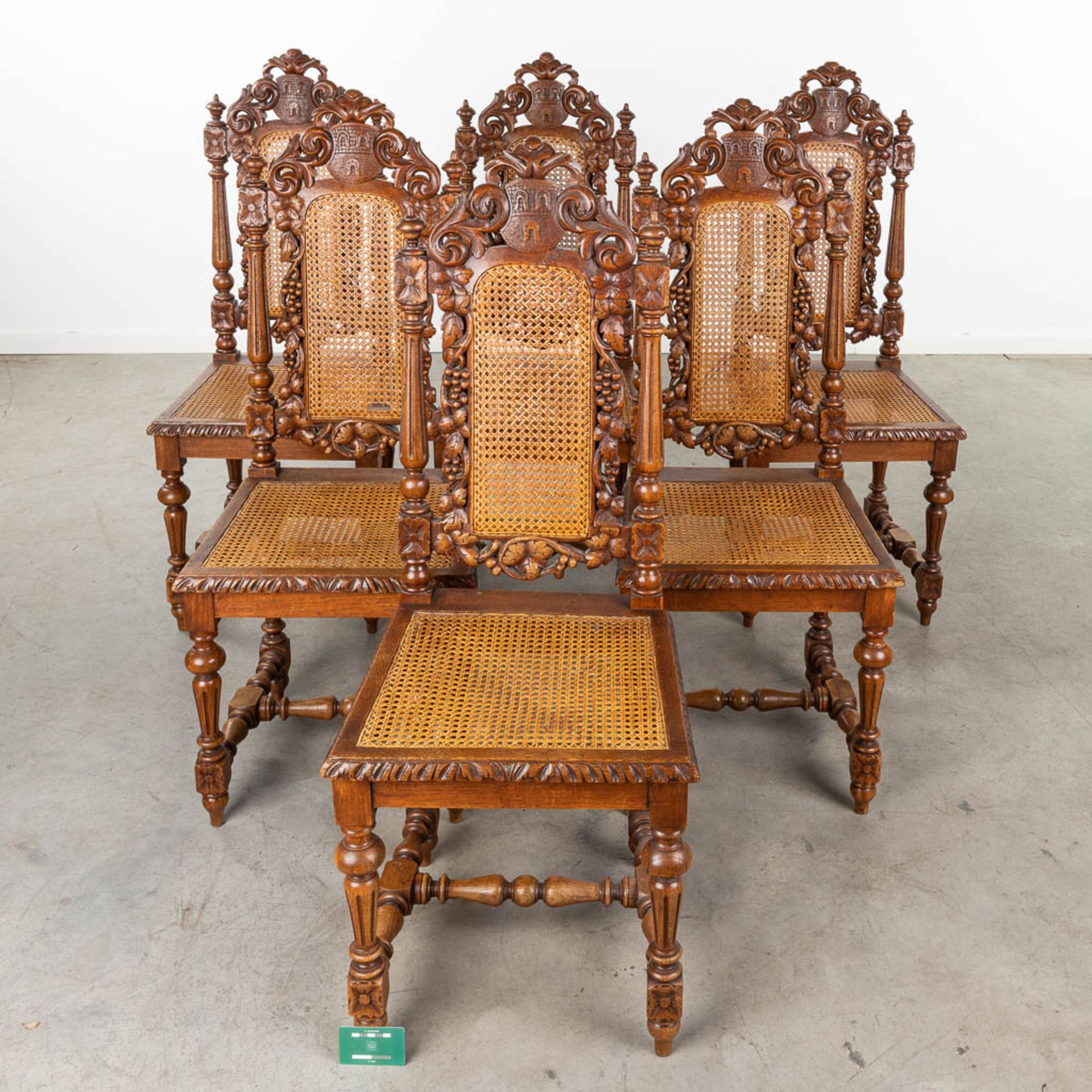 An antique table with 6 chairs in renaissance style. (L:120 x W:142 x H:72 cm) - Image 2 of 24