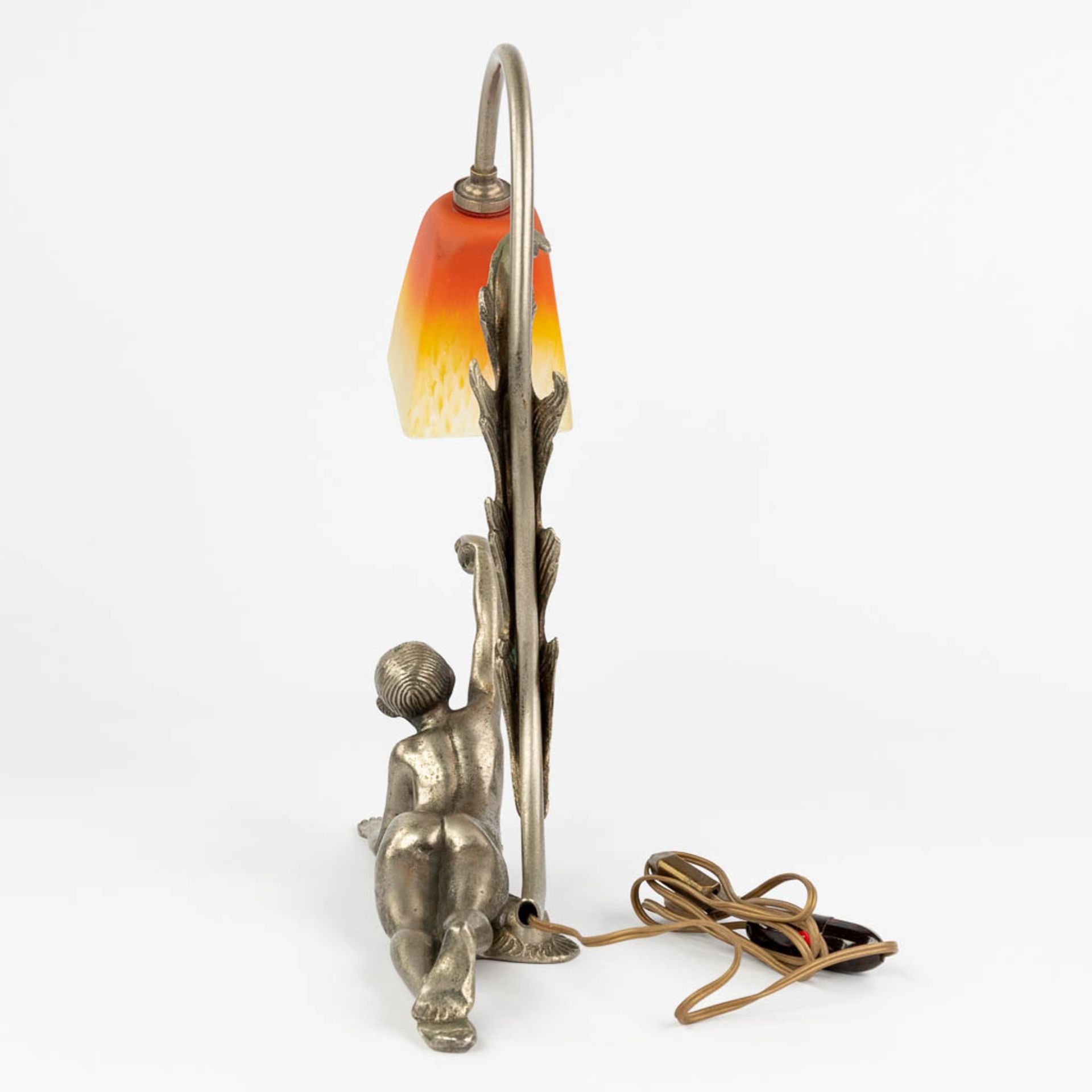 A silver-plated bronze table lamp with reclining lady, and a pate de verre lampshade by Schneider. ( - Image 8 of 13