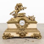 A large mantle clock with a hunting scne, made of bronze and marble. 19th century. (L:24 x W:72 x