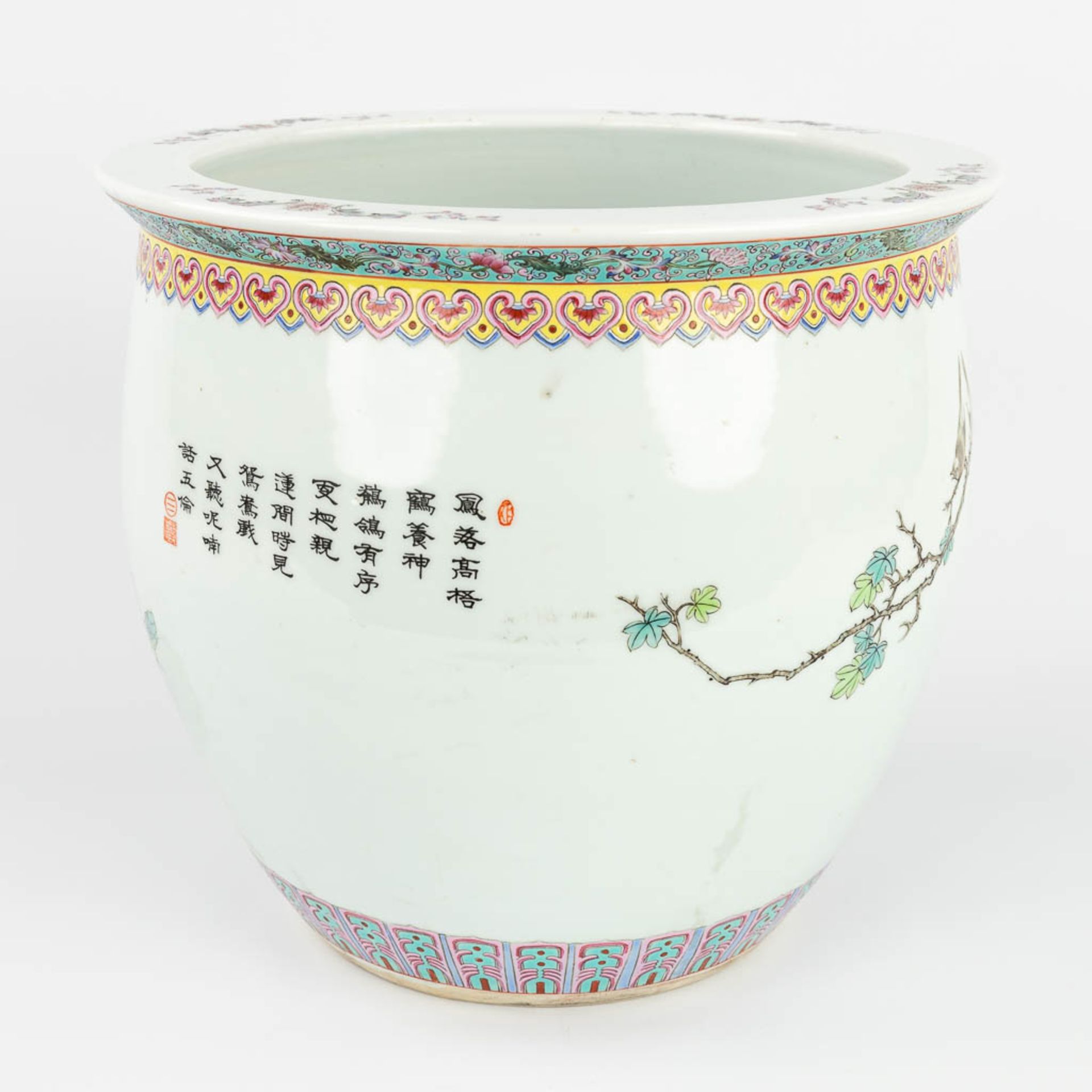 A Chinese cache pot made of porcelain and decorated with phoenixes. 20th C. (H:28 x D:31 cm) - Image 5 of 16