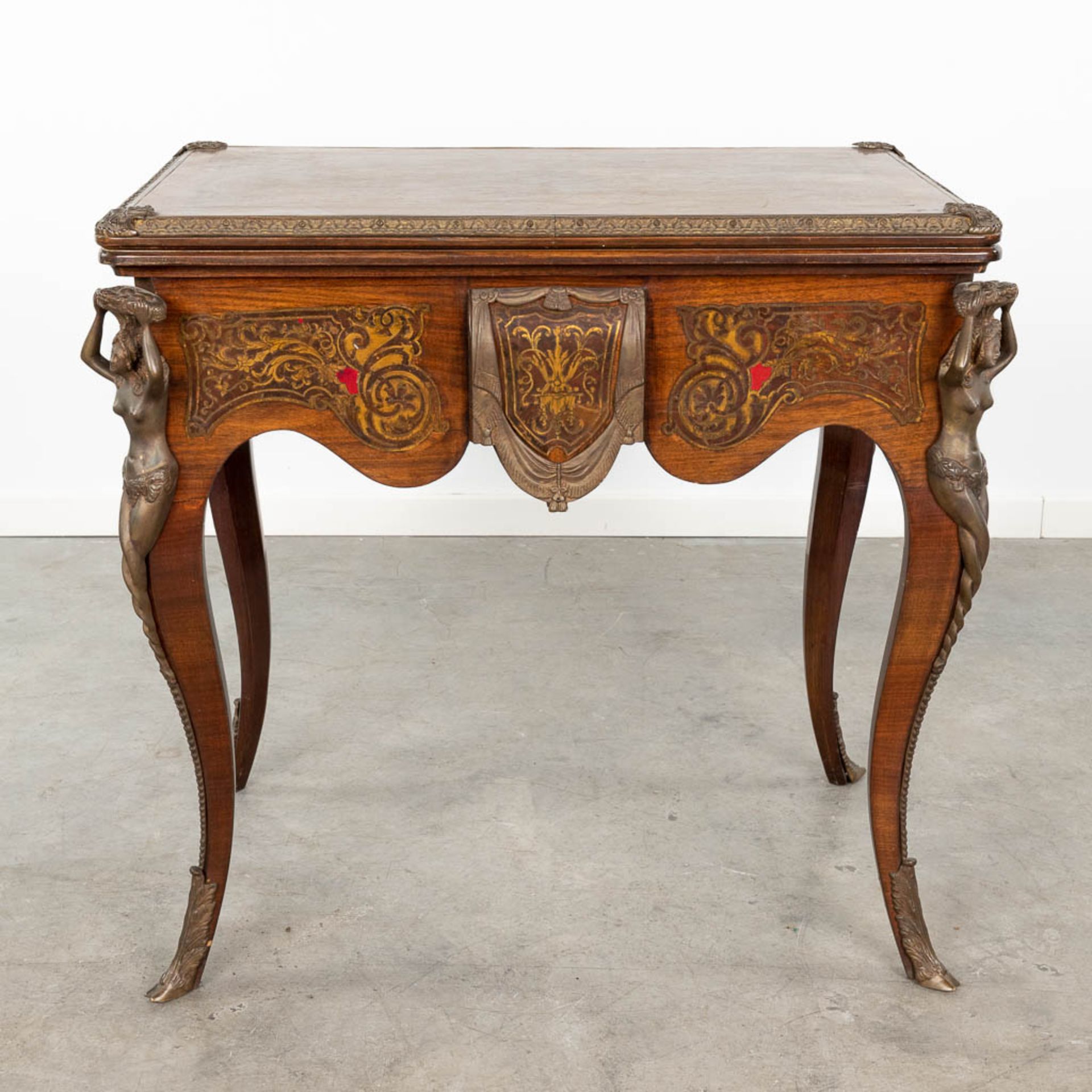 A game table inlaid in the style of boulle/Napoleon 3 mounted with bronze. Circa 1970. (L:52 x W:80 - Bild 5 aus 15