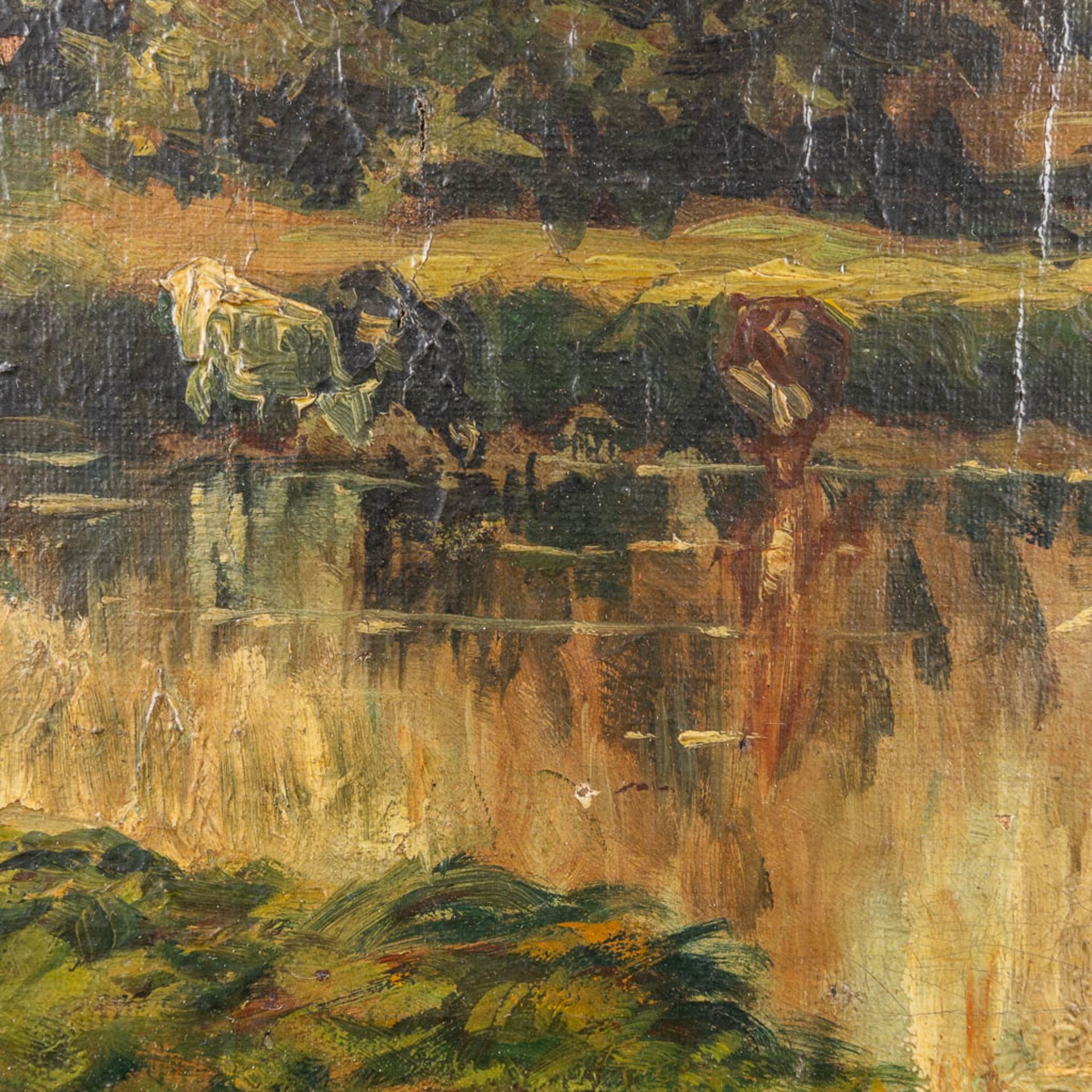 Drinking cows' a painting, oil on canvas. 19th century. (W:37,5 x H:27 cm) - Bild 3 aus 8