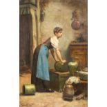 Franz MEERTS (1836-1896) 'Cleaning the copper pots' a painting, oil on canvas. (W:46 x H:72 cm)