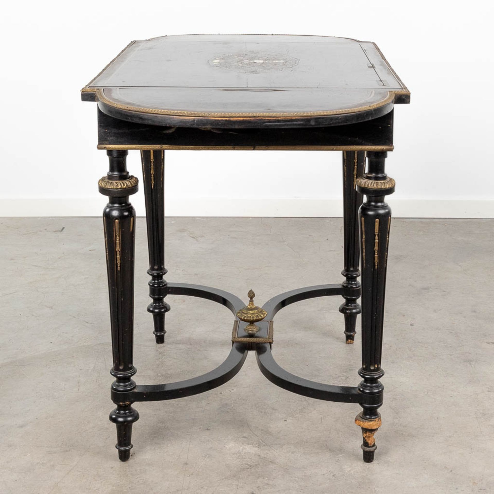 A game table made of ebonised wood inlaid with marquetry and mounted with bronze in Napoleon 3 style - Image 4 of 15