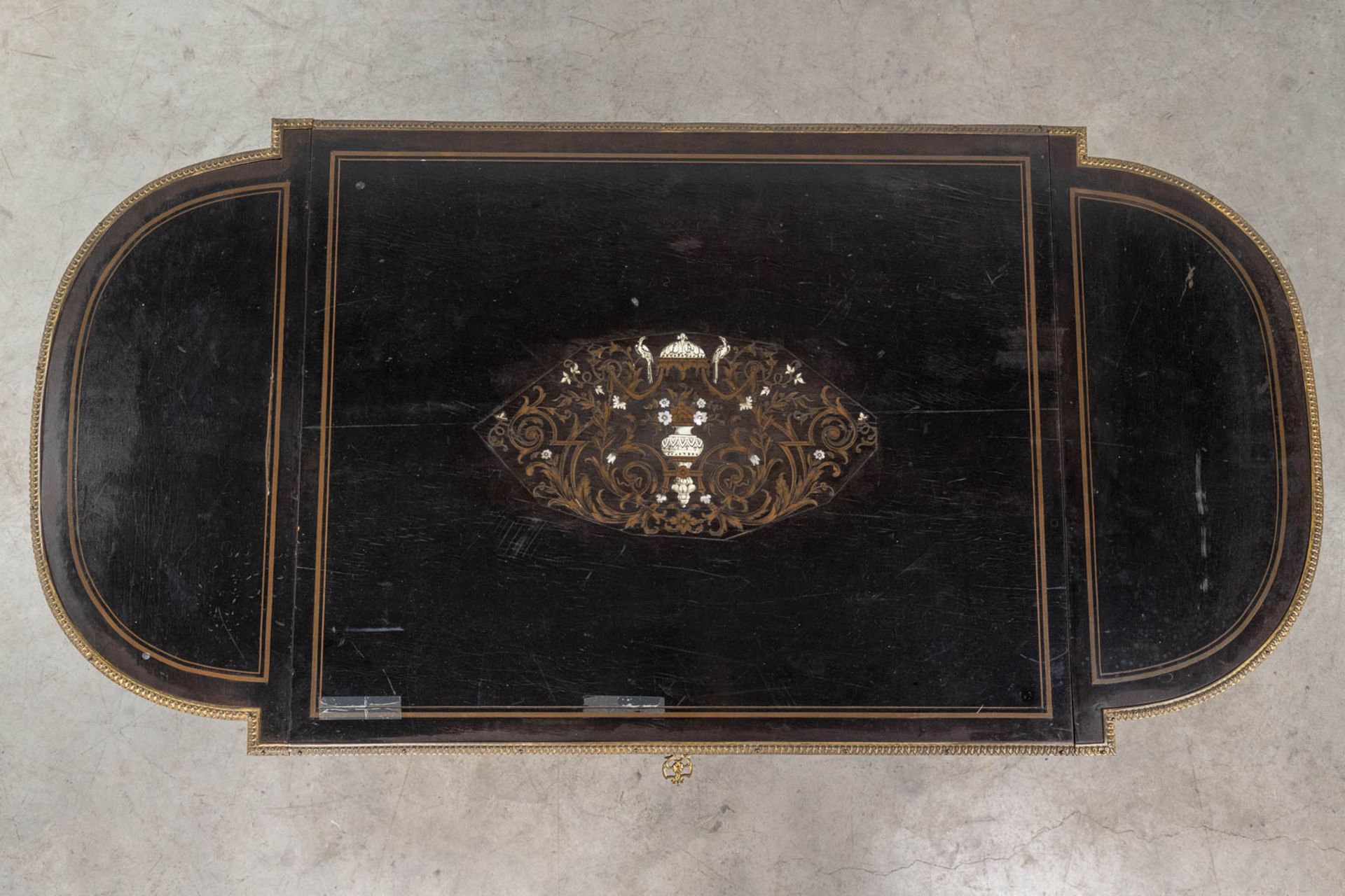 A game table made of ebonised wood inlaid with marquetry and mounted with bronze in Napoleon 3 style - Image 9 of 15