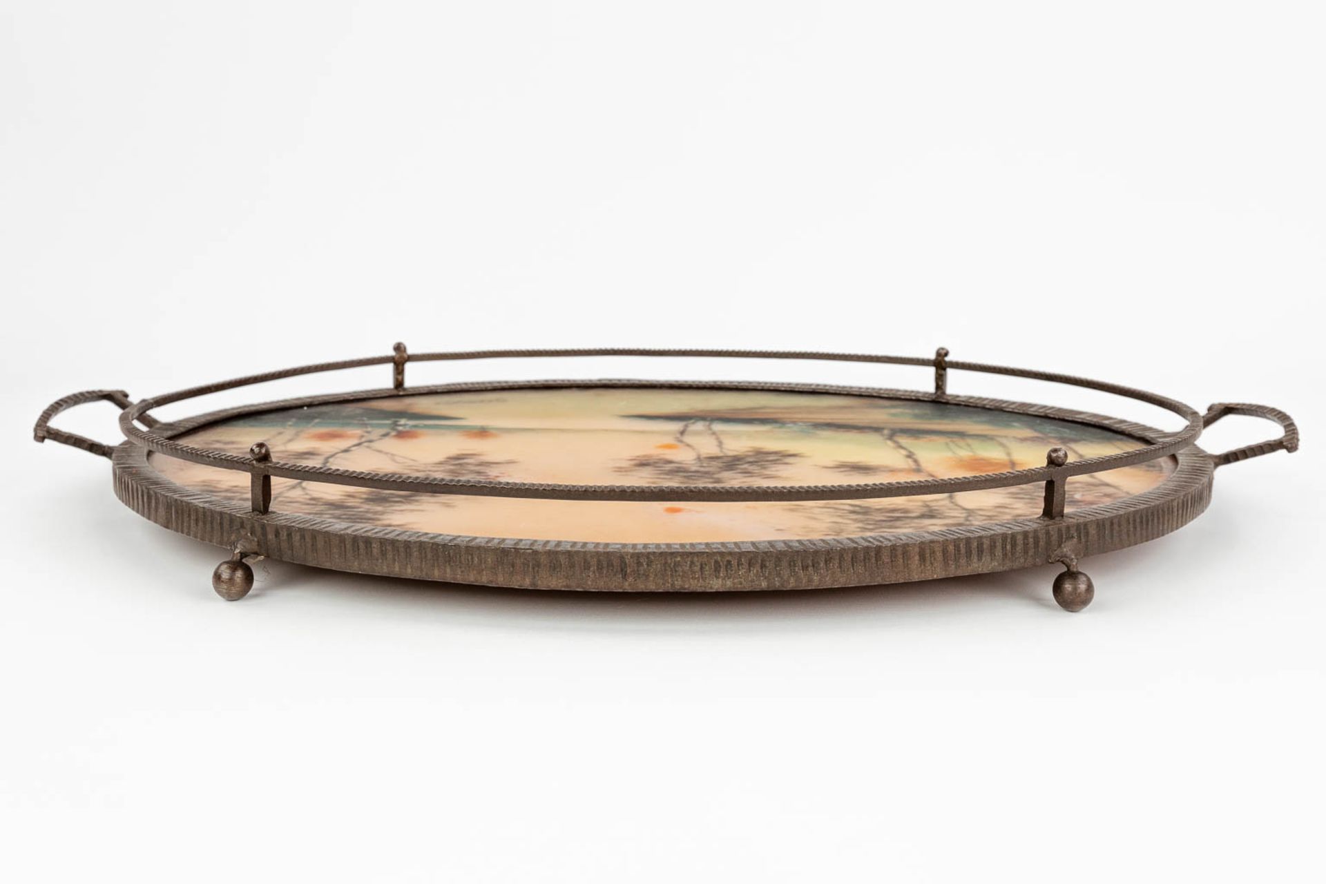 Germonde, a wrought iron and reverse glass painting serving tray in art deco style. Circa 1920. (L: - Image 5 of 17