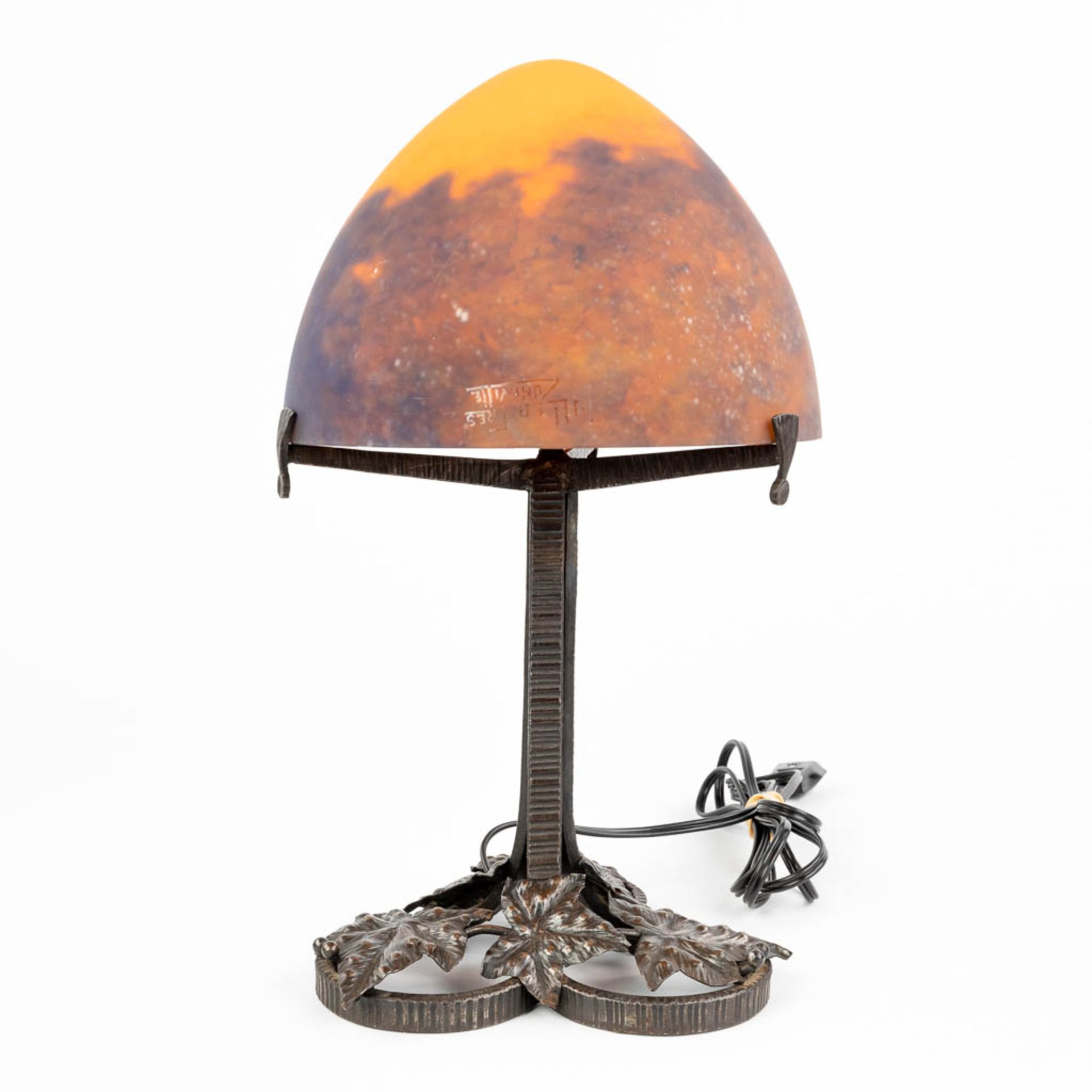 A wrought iron table lamp with pate de verre glass lampshade marked Muller Frres LunŽville. (H:39 - Image 2 of 13