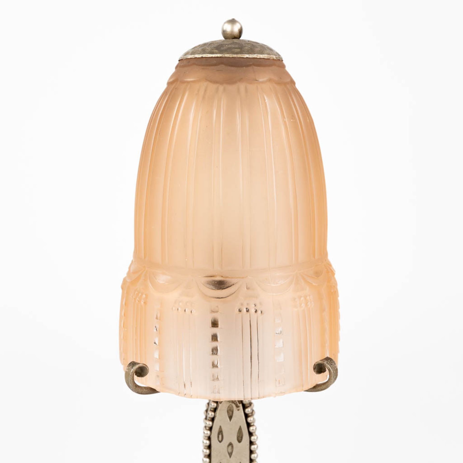 A wrought iron table lamp with lamp shade in satin glass, made by Muller Frres Luneville (L:11 x W: - Image 9 of 11