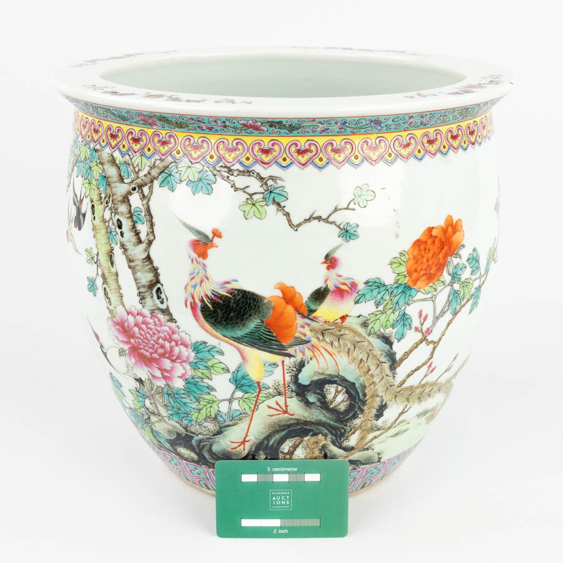 A Chinese cache pot made of porcelain and decorated with phoenixes. 20th C. (H:28 x D:31 cm) - Image 2 of 16