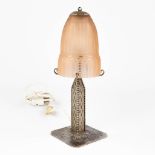 A wrought iron table lamp with lamp shade in satin glass, made by Muller Frres Luneville (L:11 x W: