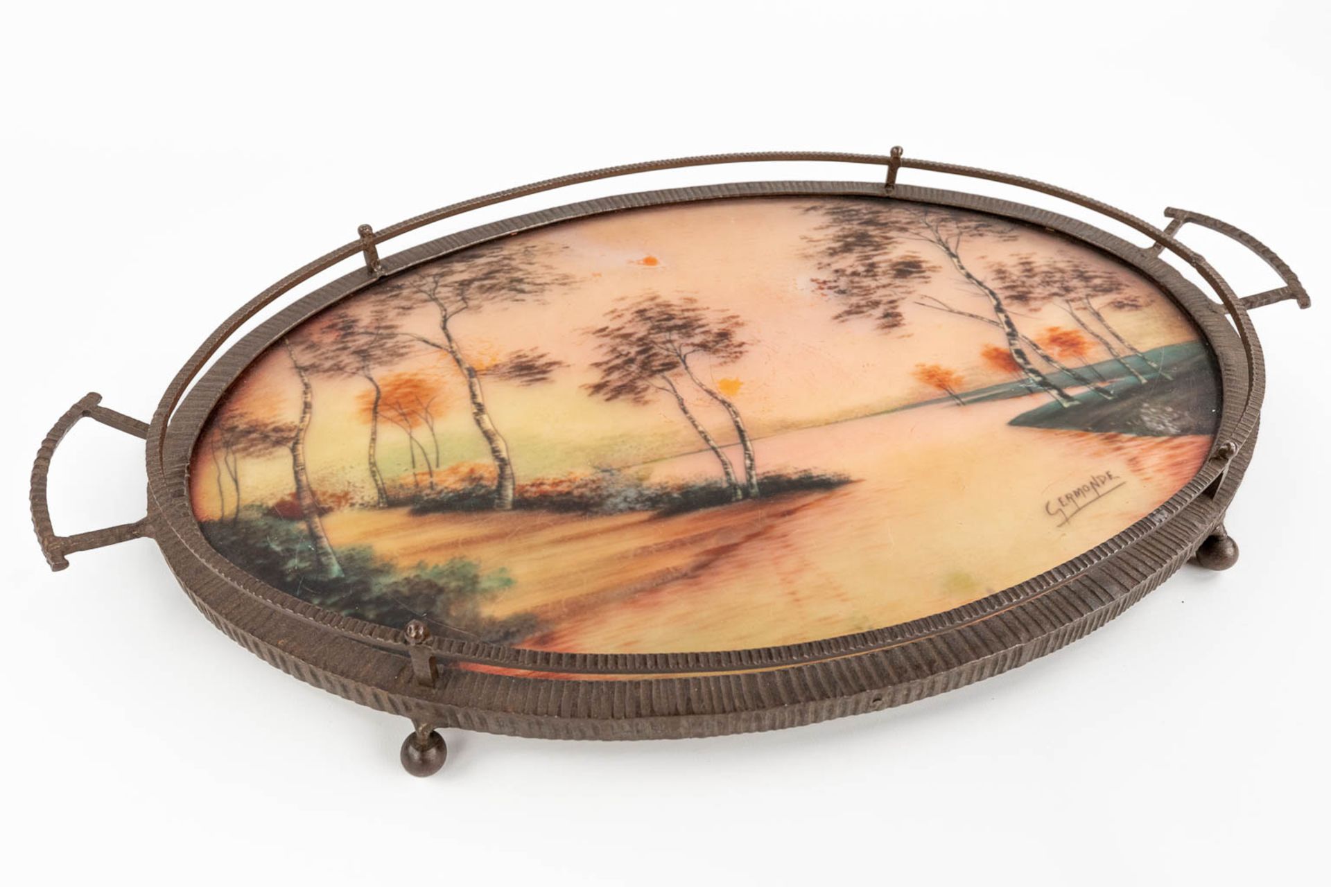Germonde, a wrought iron and reverse glass painting serving tray in art deco style. Circa 1920. (L: - Image 11 of 17