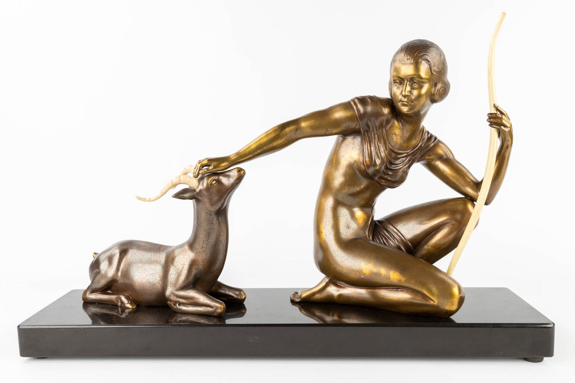 Kowas, Lady with a deer, a statue made in art deco style. Spelter and marble. (L:17 x W:64,5 x H:42 - Bild 3 aus 11