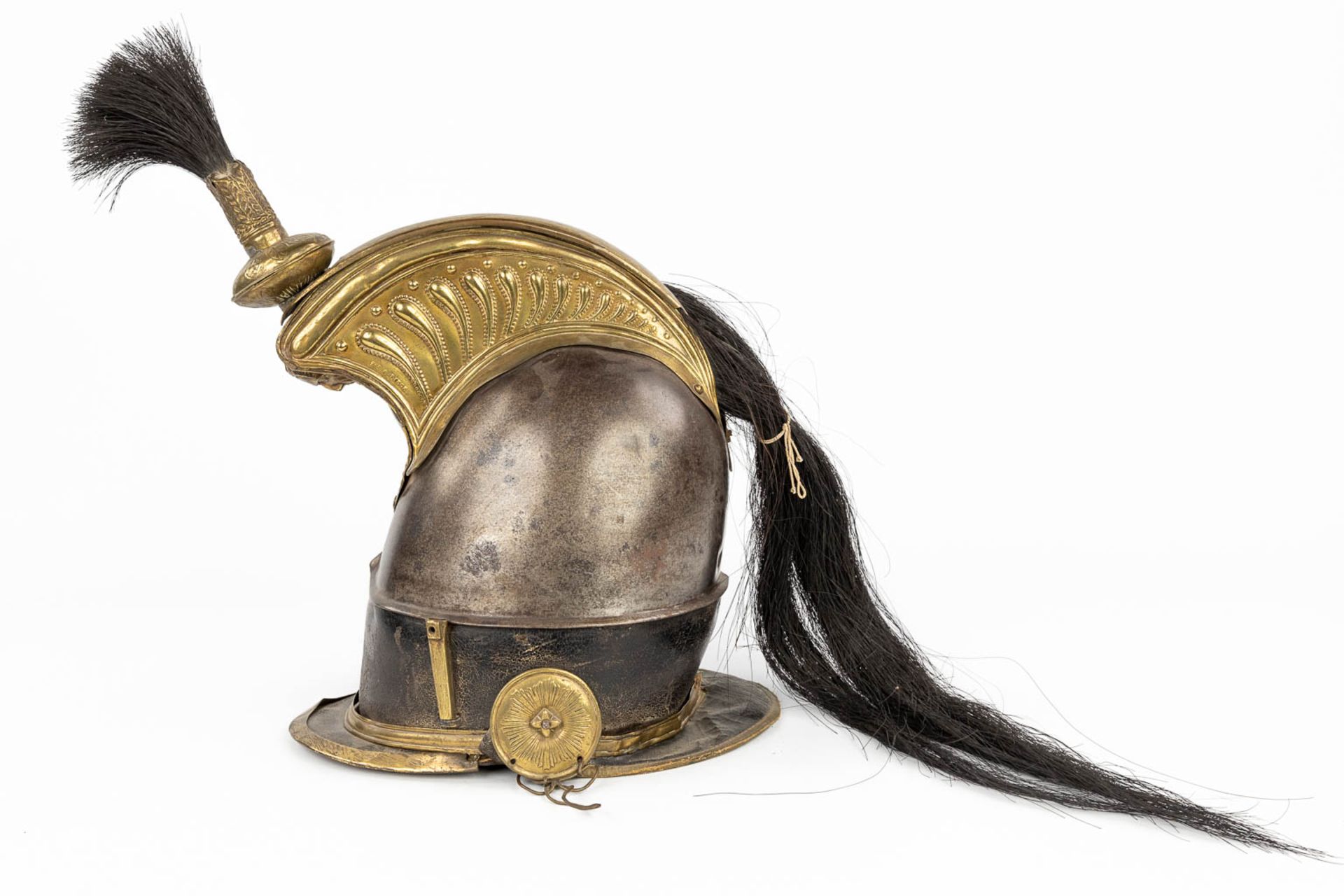 A Belgian 'Cruissasier' helmet, marked Fabrication Lige, 1831. (L:36 x W:20 x H:39 cm) - Image 8 of 15