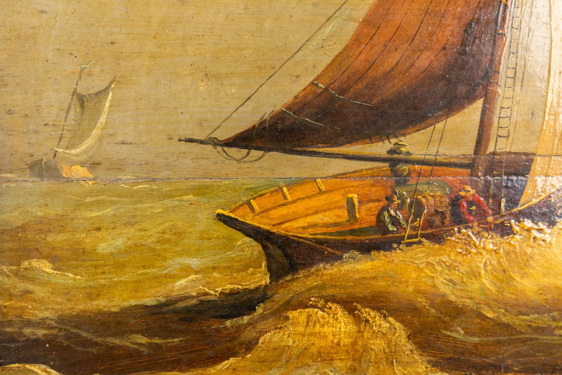 Rough Sea' a painting of two sailboats, oil on panel. 19th C. (W:40 x H:30 cm) - Bild 8 aus 9