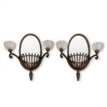 A pair of sconces with a mirror and lamps, made of wrought iron and satin glass shades. (W:48 x H:52