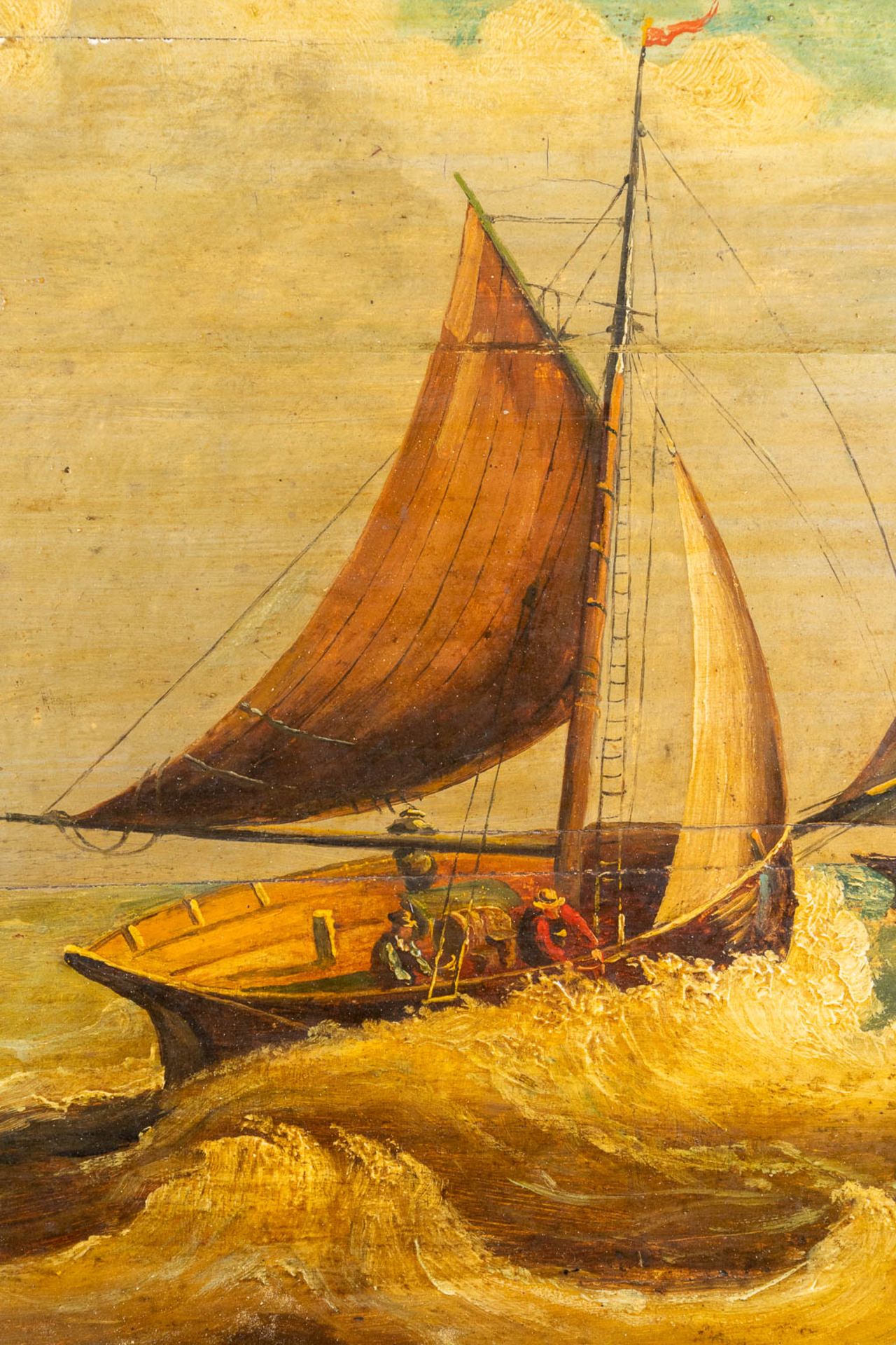 Rough Sea' a painting of two sailboats, oil on panel. 19th C. (W:40 x H:30 cm) - Bild 6 aus 9