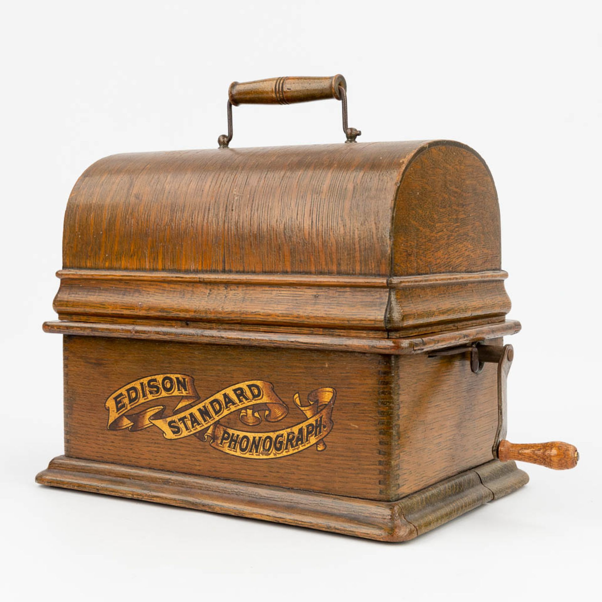 Edison Standard Phonograph, A vintage phonograph with a large copper horn, in a wood box. (W:40 x H: - Bild 6 aus 17