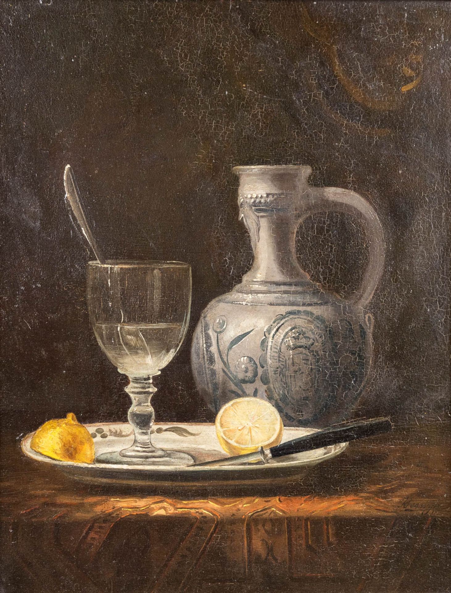 An antique still life painting, oil on panel. Signed Kerwijn 1876. (W:33 x H:42 cm)