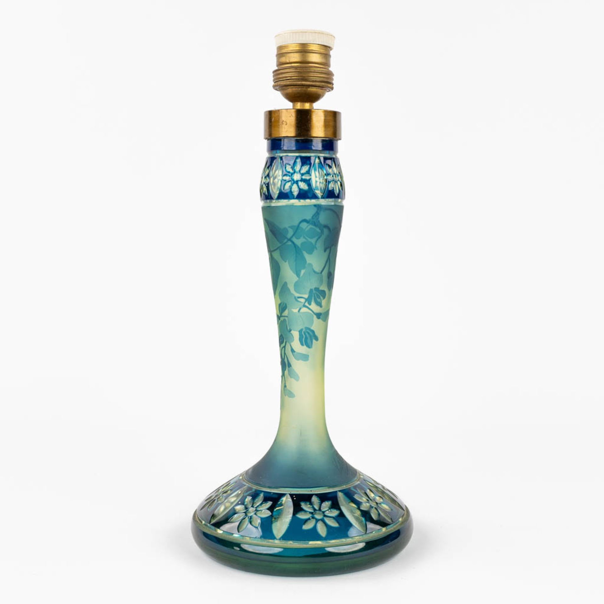 Val Saint Lambert, a pate de verre table lamp with green and blue floral decor. (H:32 x D:14 cm) - Bild 7 aus 14