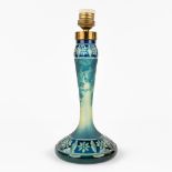 Val Saint Lambert, a pate de verre table lamp with green and blue floral decor. (H:32 x D:14 cm)